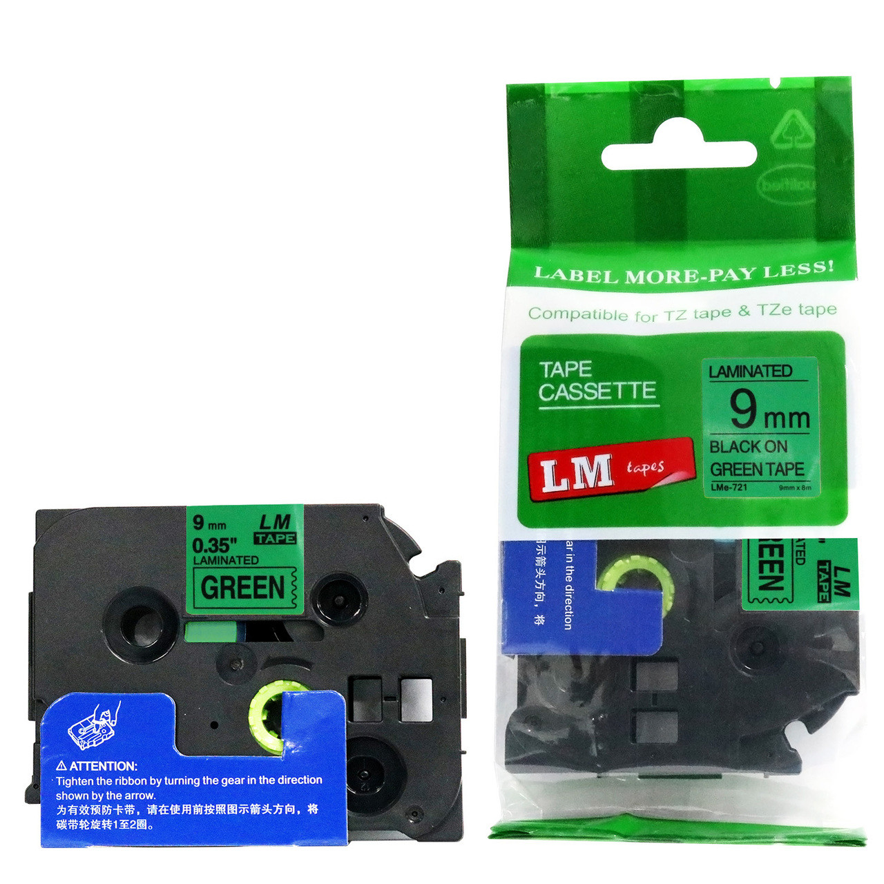 LM Tape Compatible 3/8" Black On Green P-touch Tape, Replaces TZe-721 9mm  Tape