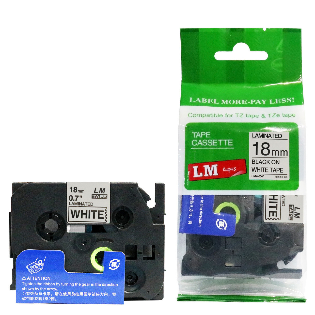 LM Tape Compatible 3/4" Black On White P-touch Tape, Replaces TZe-241 18mm  Tape