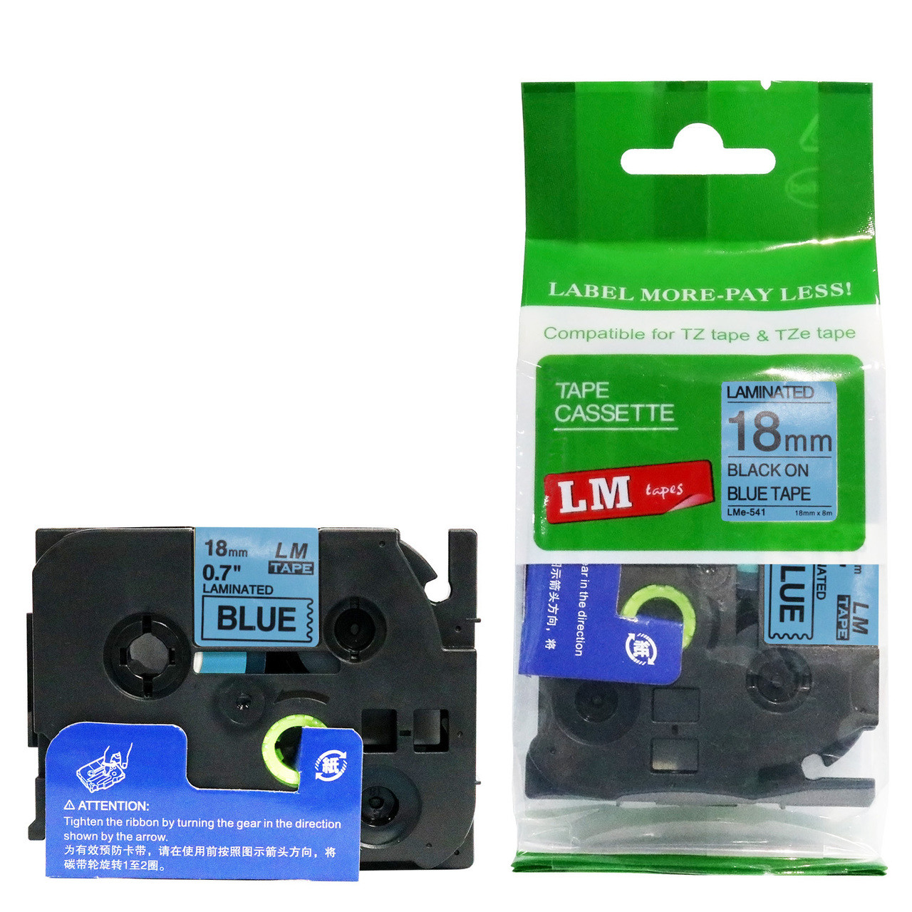 LM Tape Compatible 3/4" Black On Blue P-touch Tape, Replaces TZe-541 18mm  Tape