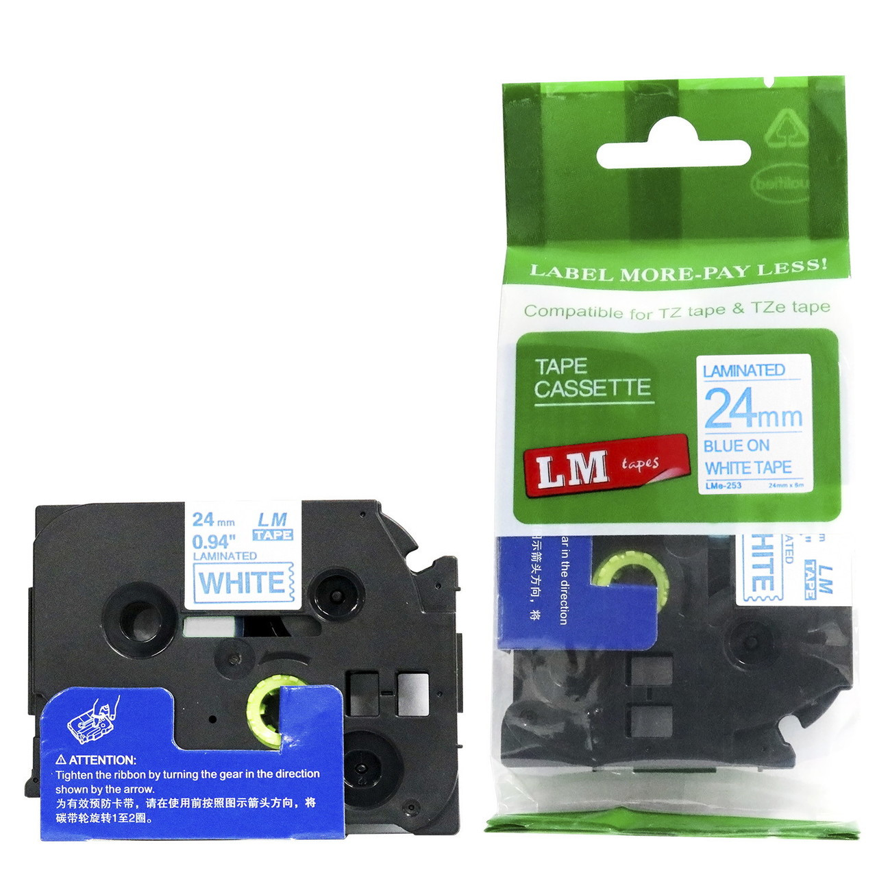 LM Tape Compatible 1" Blue On White P-touch Tape, Replaces TZe-253 24mm Tape