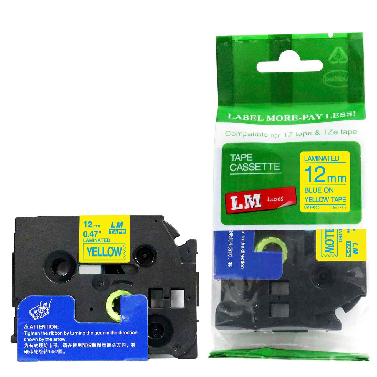 LM Tape Compatible 1/2" Blue On Yellow P-touch Tape 12mm Tape