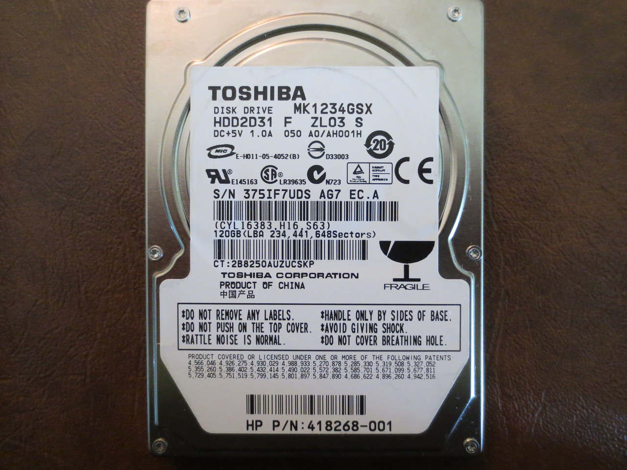 Toshiba MK1234GSX HDD2D31 F ZL03 S 050 A0/AH001H 120gb Sata - Effective  Electronics