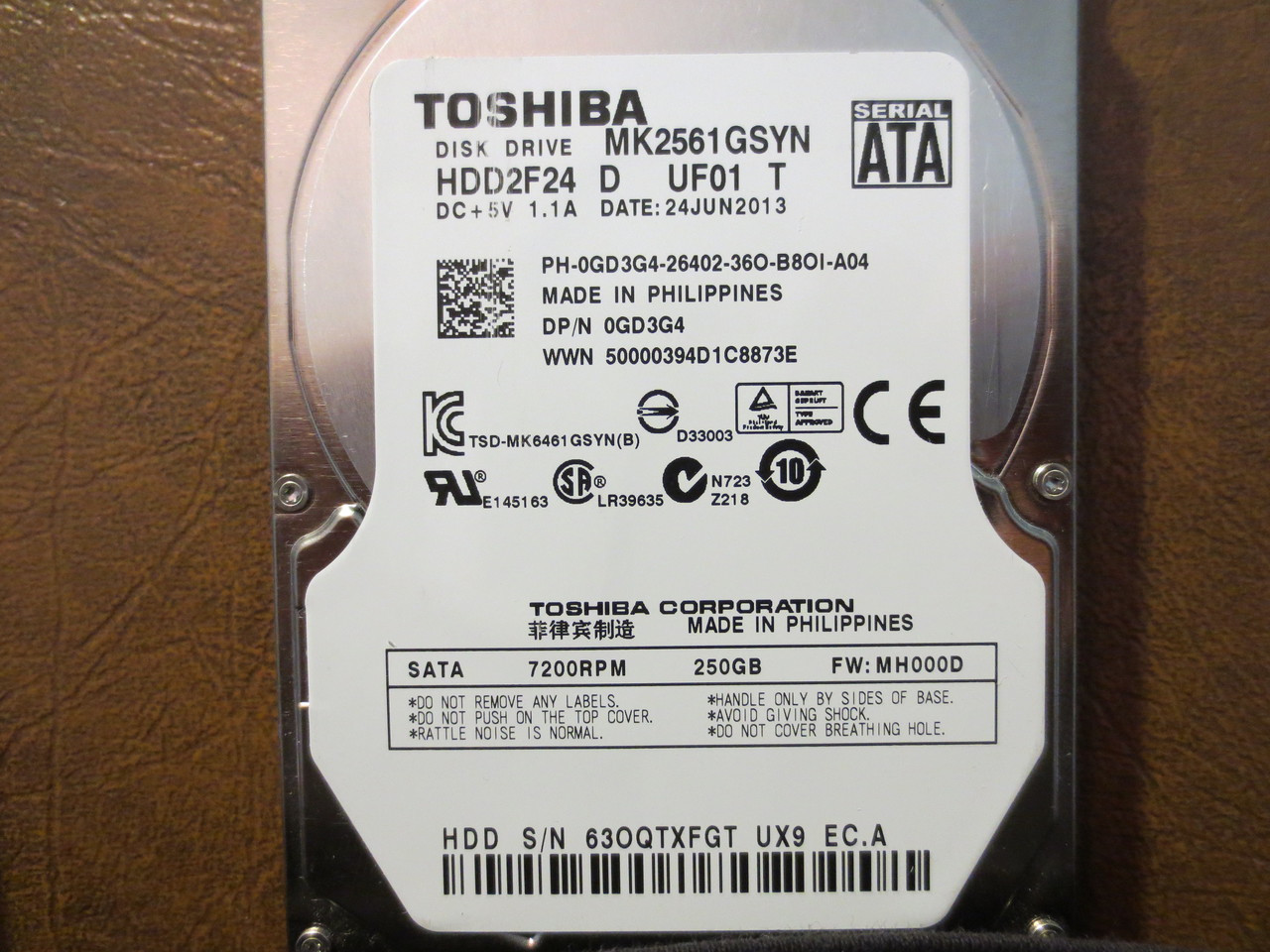Toshiba MK2561GSYN HDD2F24 D UF01 T FW:MH000D 250gb Sata - Effective  Electronics