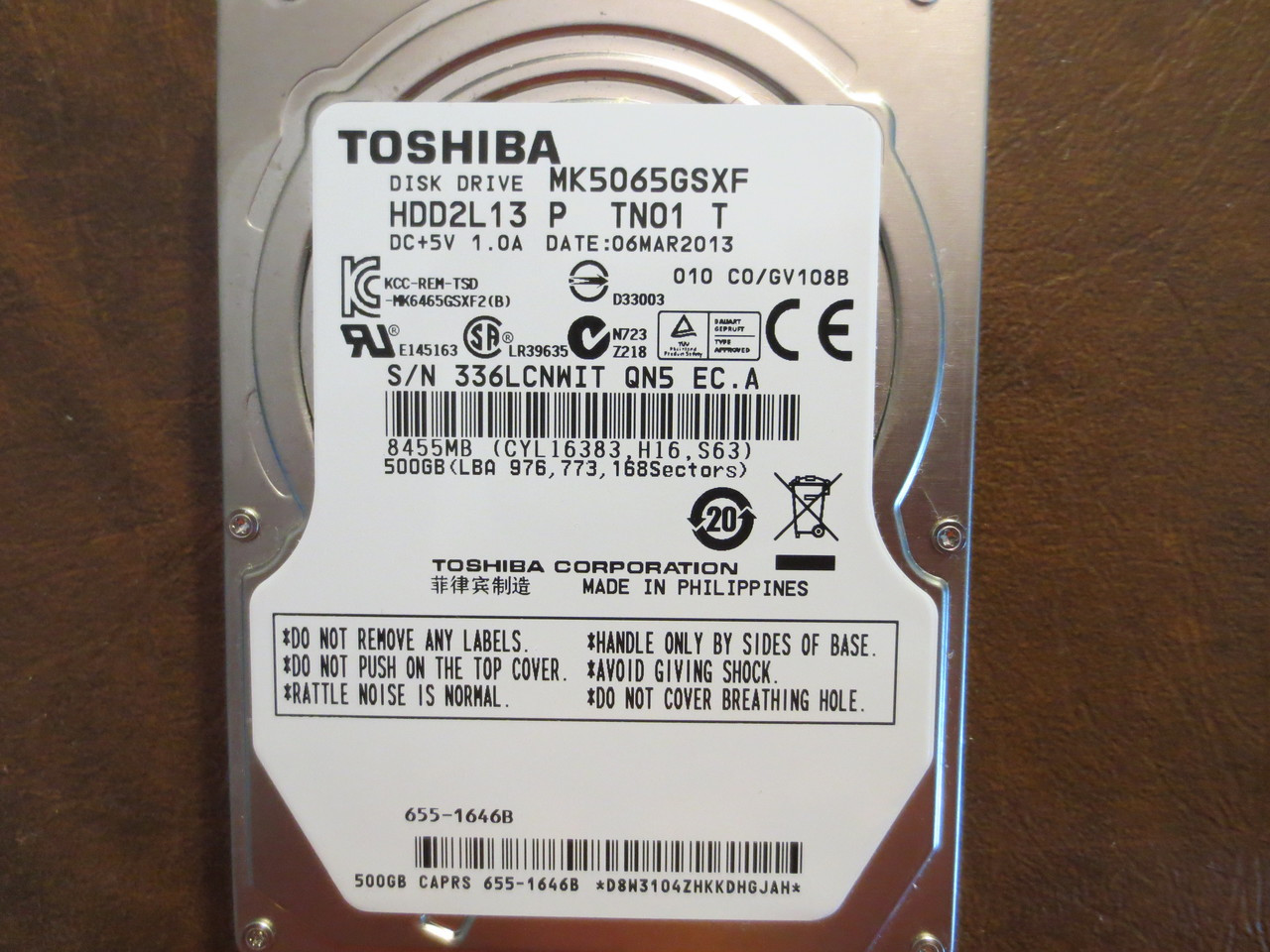 Toshiba MK5065GSXF HDD2L13 P TN01 T 010 C0/GV108B Apple#655-1646B 500gb  Sata - Effective Electronics