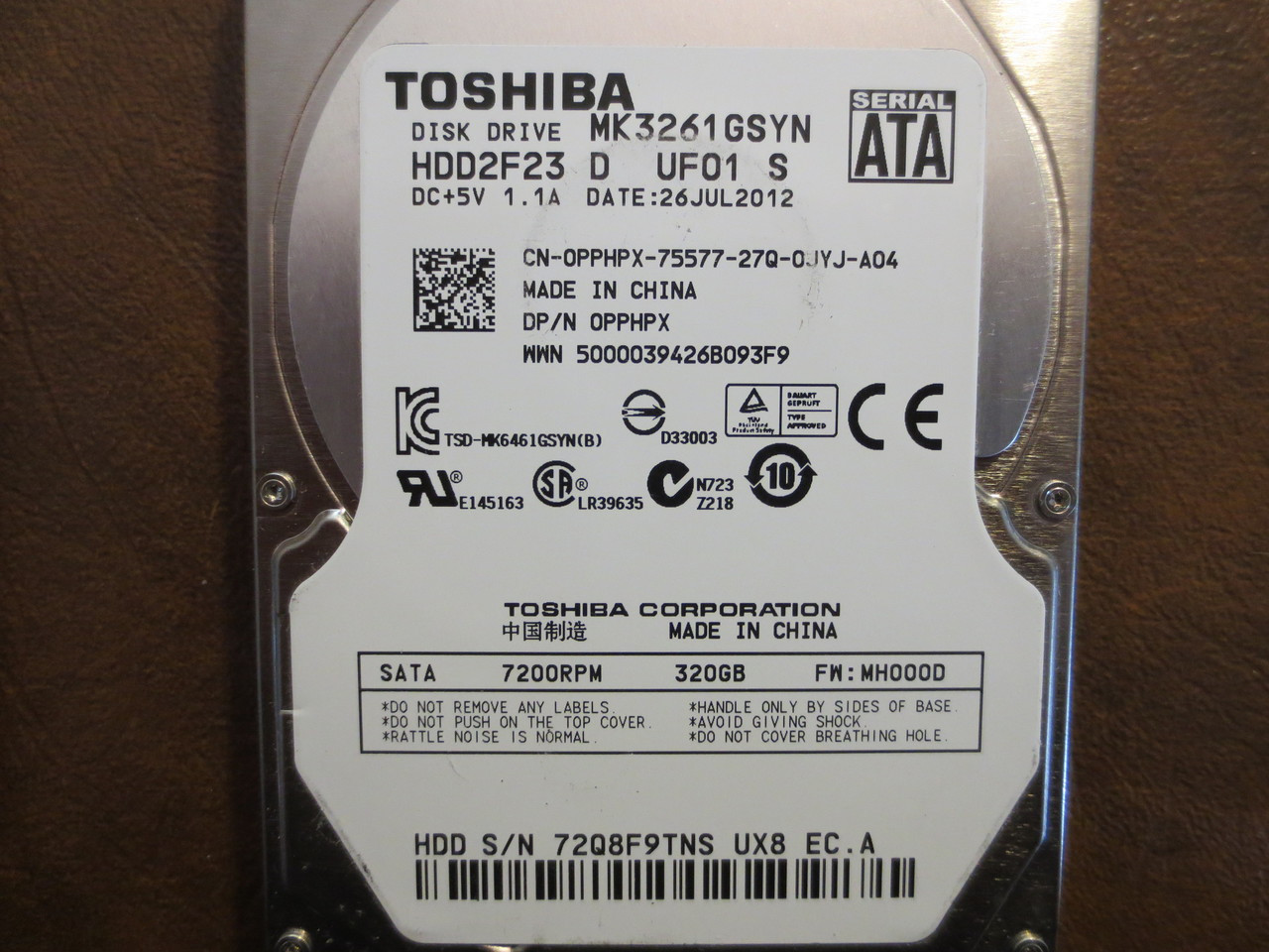 Toshiba MK3261GSYN HDD2F23 D UF01 S FW:MH000D 320gb Sata - Effective  Electronics