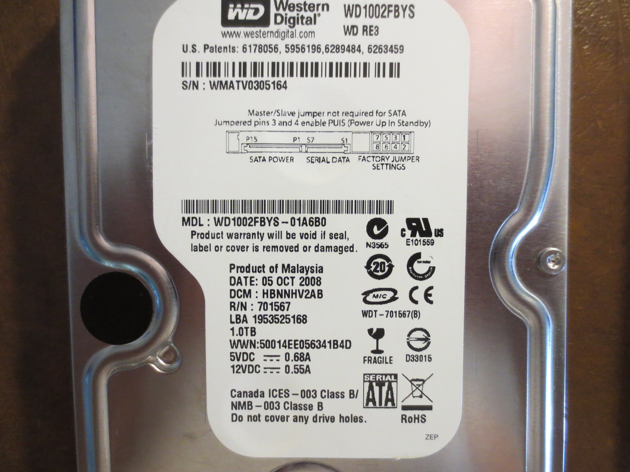 Western Digital WD1002FBYS-02A6B0 DCM:HARNHT2AB 1000gb 3.5" Sata hard drive