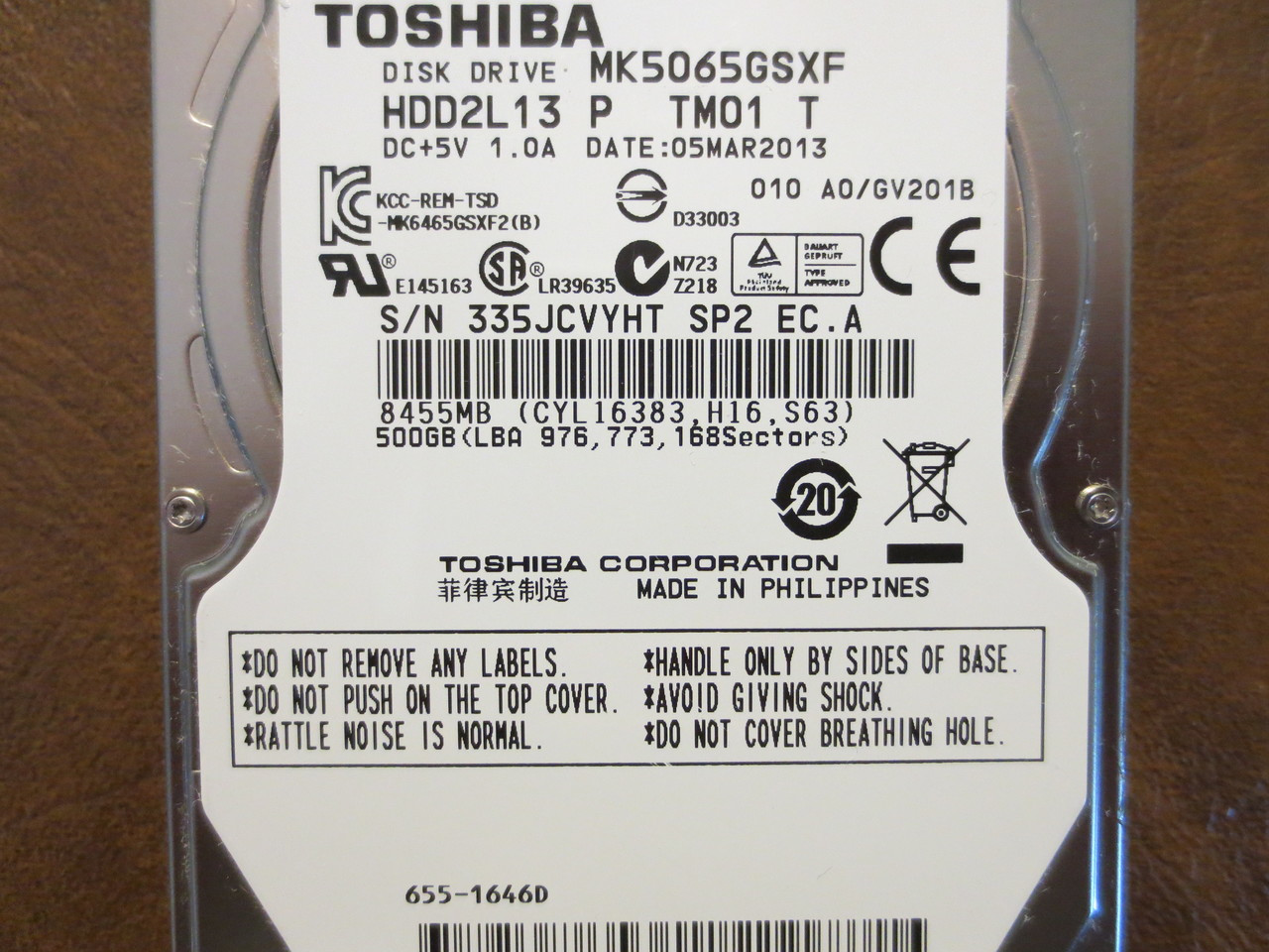 Toshiba MK5065GSXF HDD2L13 P TM01 T 010 A0/GV201B Apple#655-1646D 500gb  Sata (Donor for Parts)