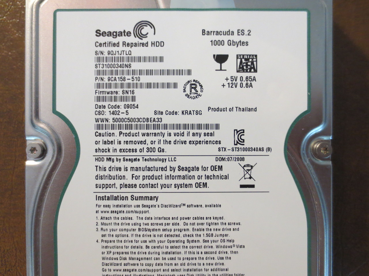 Seagate ST31000340NS 9CA158-510 FW:SN16 KRATSG 1000gb Sata - Effective  Electronics