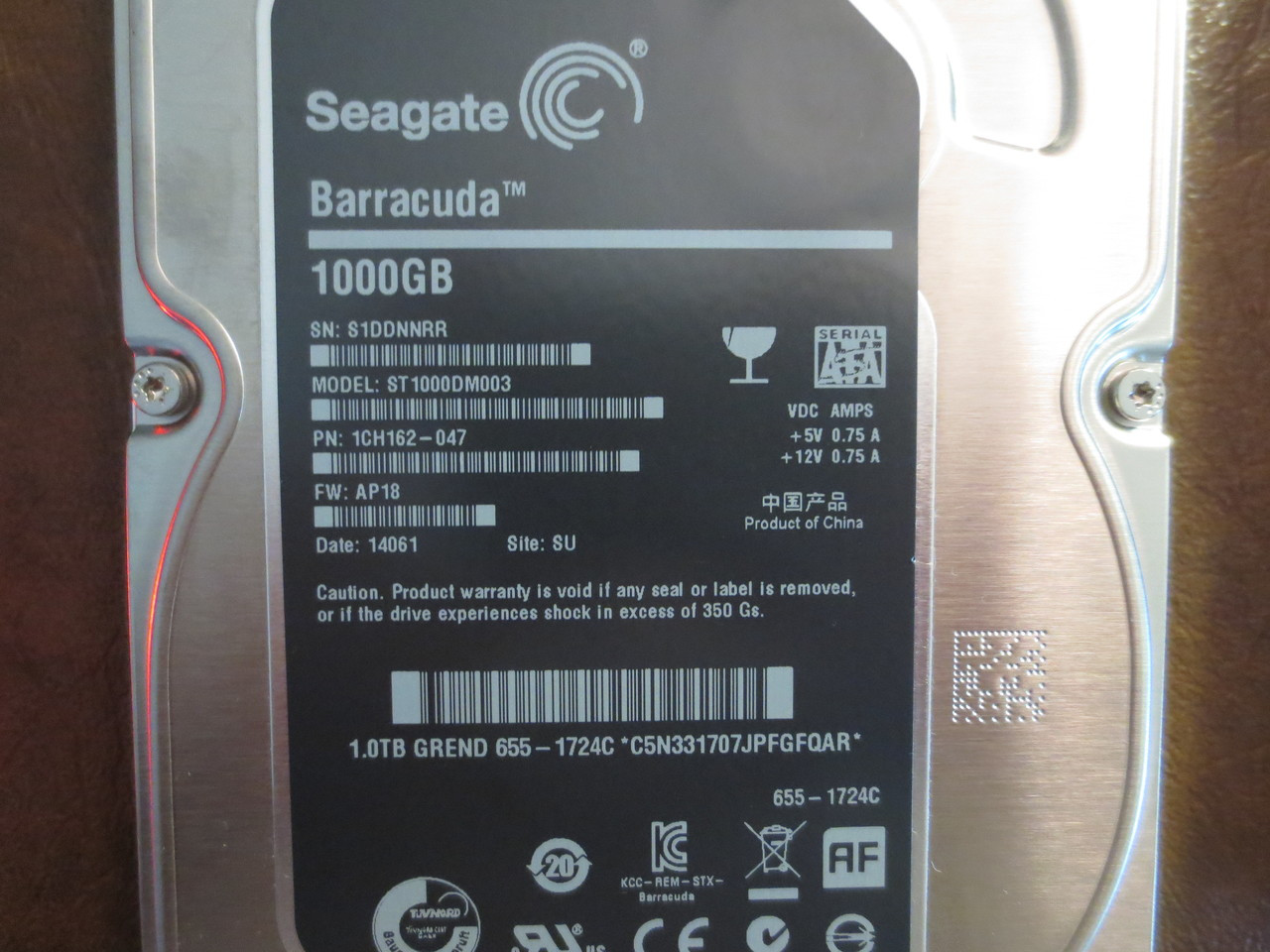 Seagate ST1000DM003 1ER162-040 FW:AP14 SU Apple#655-1724F 1.0TB 3.5" Sata HDD 