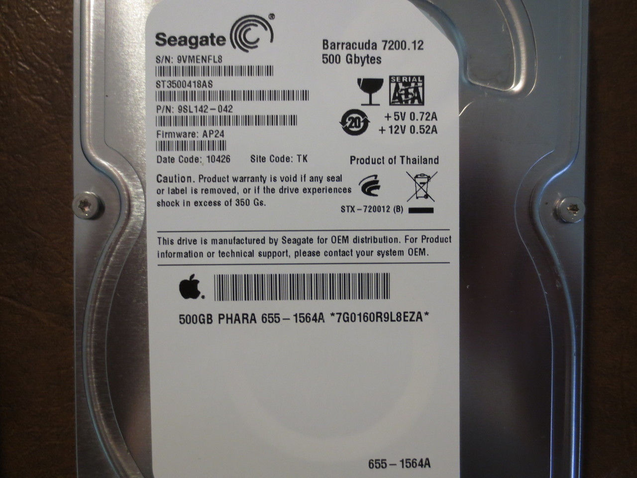 Seagate ST3500418AS 9SL142-042 FW:AP24 TK Apple#655-1564A 500gb Sata (Donor  for Parts) - Effective Electronics