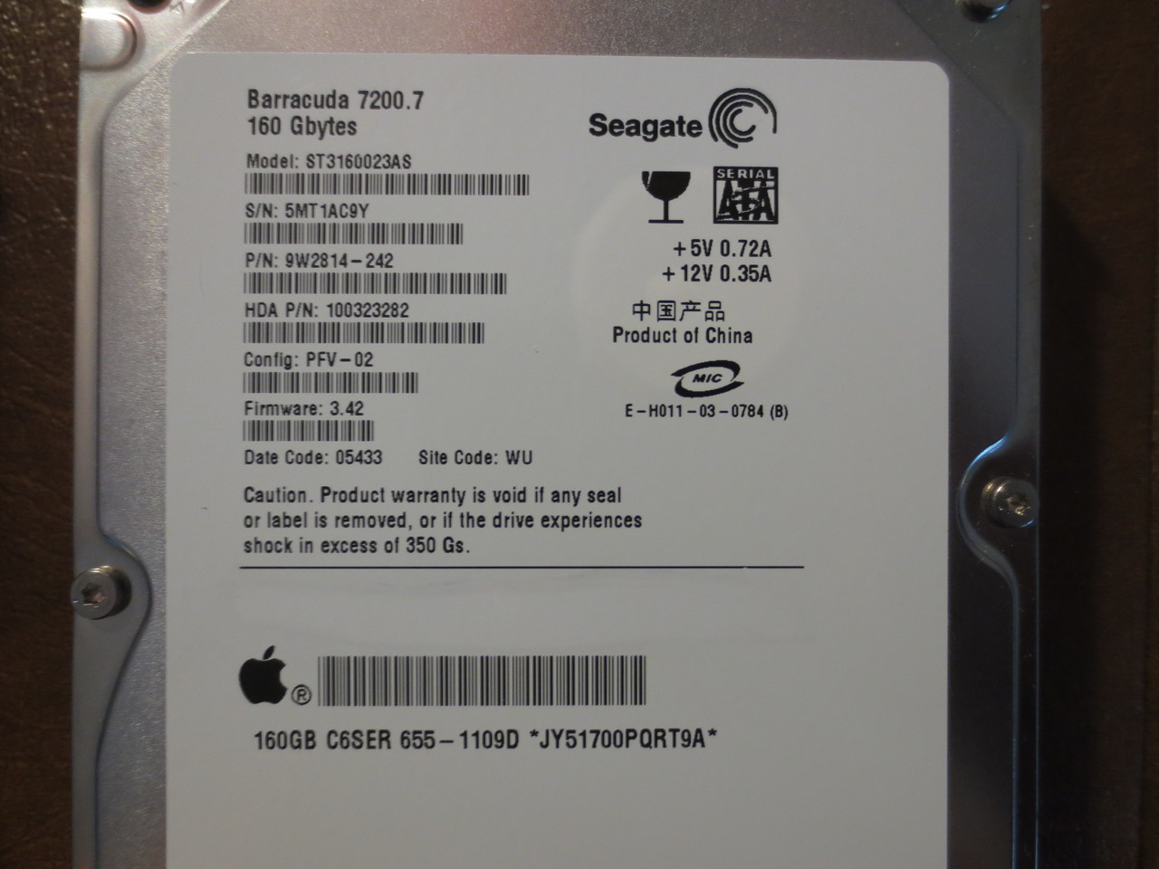 Seagate ST3160023AS 9W2814-242 FW:3.42 WU Apple#655-1109D 160gb Sata -  Effective Electronics