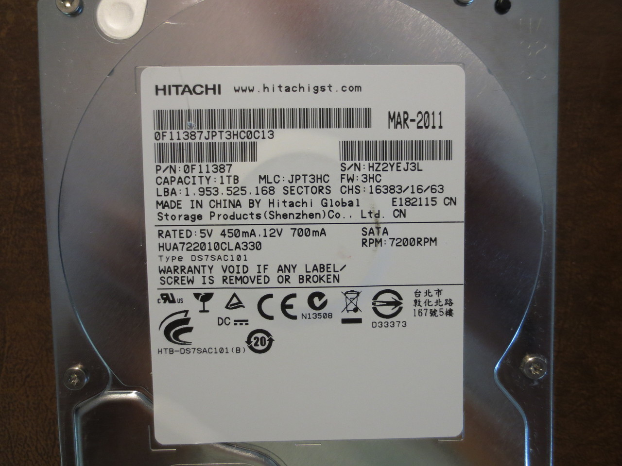 Hitachi HUA722010CLA330 PN:0F11387 MLC:JPT3HC 1.0TB Sata - Effective  Electronics