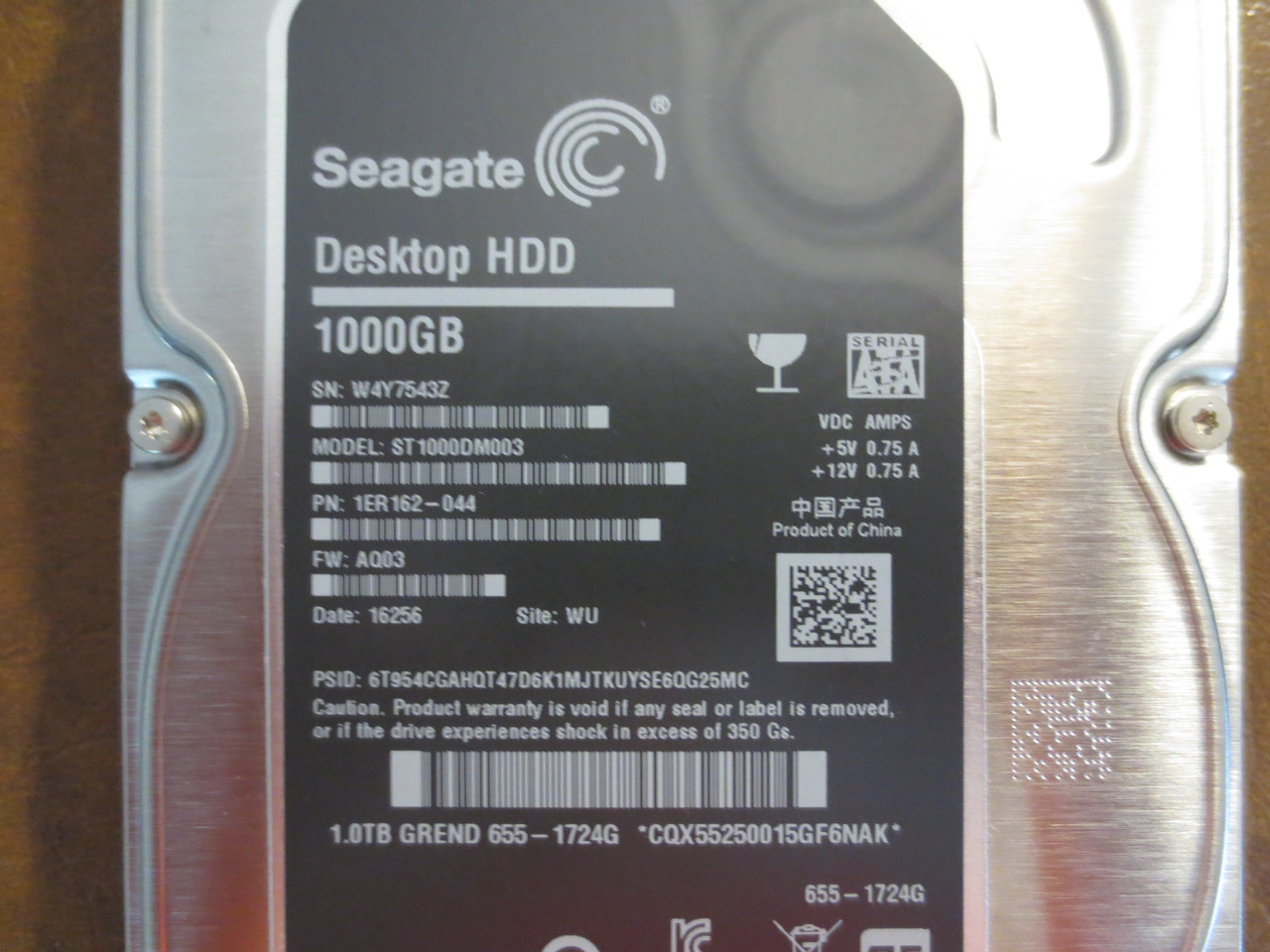 Seagate ST1000DM003 1ER162-044 FW:AQ03 WU Apple#655-1724G 1000gb Sata -  Effective Electronics