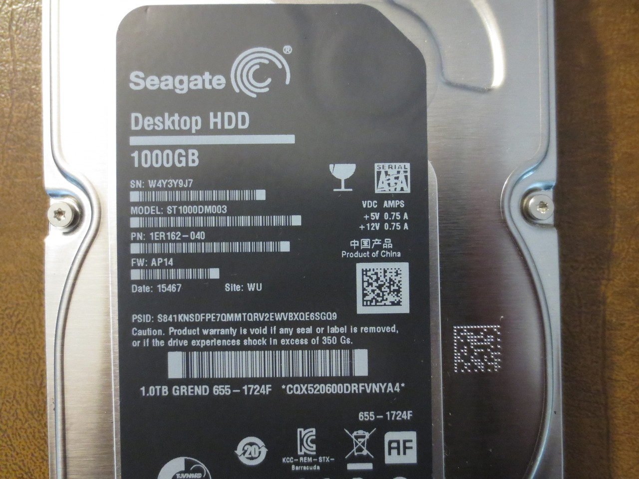 Seagate ST1000DM003 1ER162-040 FW:AP14 WU Apple#655-1724F 1000gb Sata -  Effective Electronics