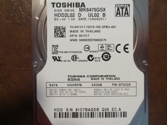Toshiba MK6475GSX HDD2L02 D UL02 B FW:GT002D 640gb Sata (Donor for Parts)  81C7BAQDB - Effective Electronics