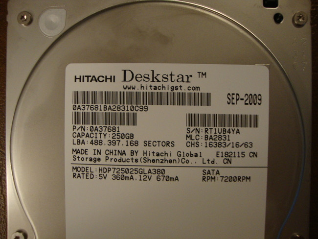 HITACHI HDP725025GLA380 MLC:BA2831 P/N:0A37681 250GB SATA RT1VB4YA -  Effective Electronics