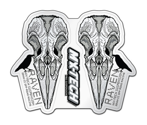 The updated Raven stickers, made to fit on the forks, and above the triple clamps. Features a bonus MX-Tech sticker too.