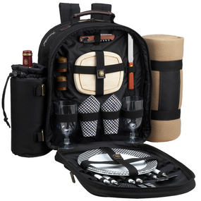 Picnic at Ascot - Deluxe Equipped 2 Person Picnic Backpack w/Cooler, Insulated Wine Holder & Blanket - Black | James Anthony Collection