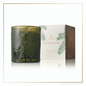 Thymes Frasier Fir Pine Needle Relief Green Glass Candle | James Anthony Collection