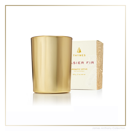 Thymes Frasier Fir Gold Votive Candle | James Anthony Collection