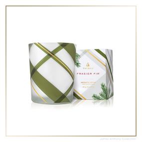Thymes Frasier Fir Frosted Plaid Votive Candle | James Anthony Collection