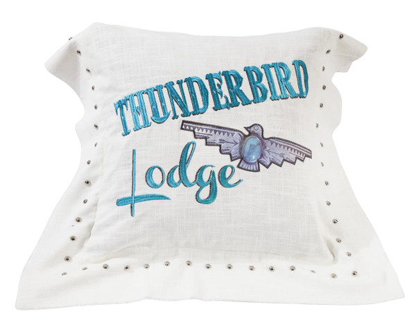 Thunderbird Linen Pillow with Embroidery & Turquoise Details - 819652020560