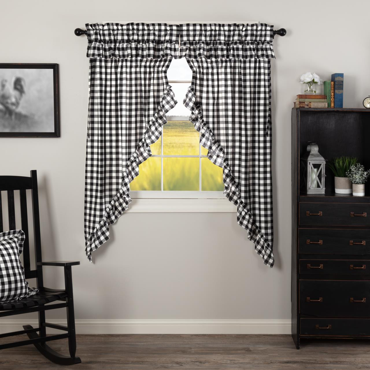 Annie Buffalo Black Check Ruffled Prairie Short Curtains - 840528178801