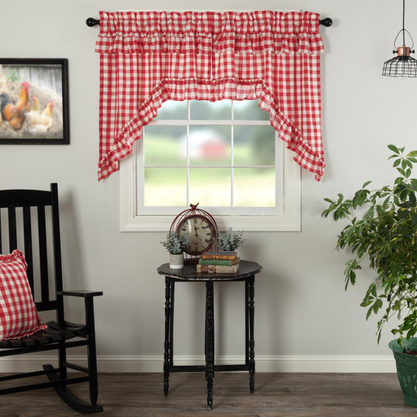 Annie Buffalo Red Check Ruffled Swag Curtains - 840528178917