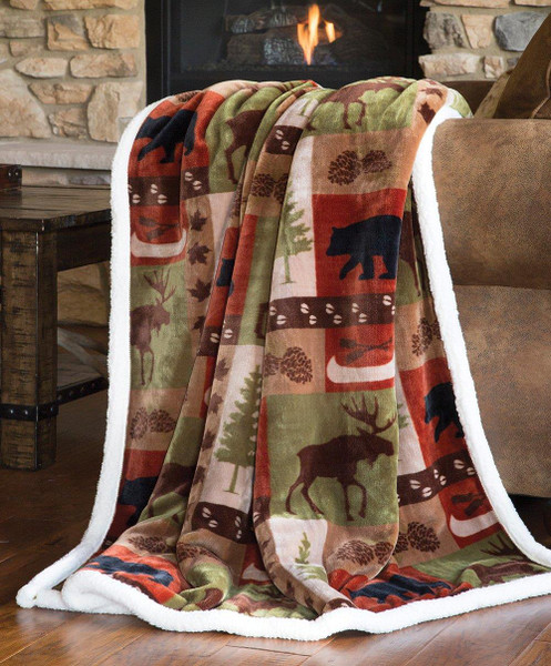 Patchwork Lodge Rustic Cabin Sherpa Throw - 357311296524