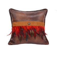 Faux Leather Square Pillow with Red Feathers - 813654027701