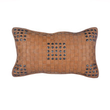 Soft Tan Basket Weave Leather Pillow With Stud Accents - 819652029785