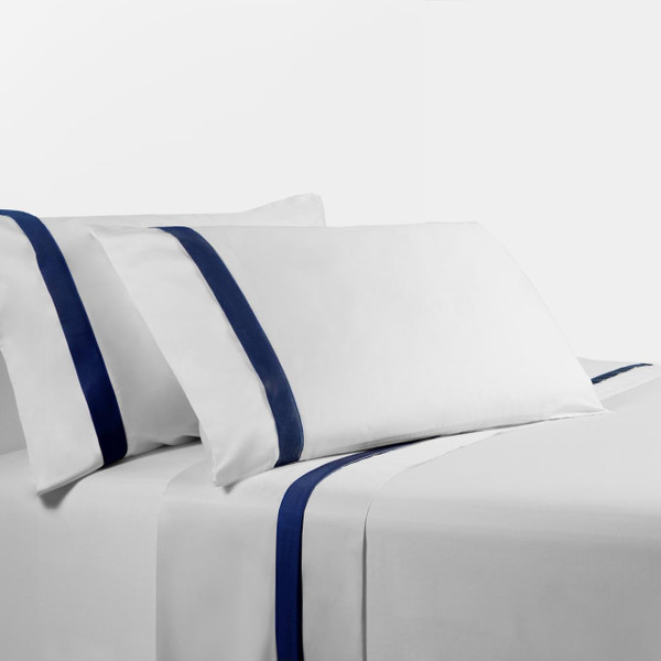 350 Thread Count White Sheet Set With Navy Flange - 840118802338