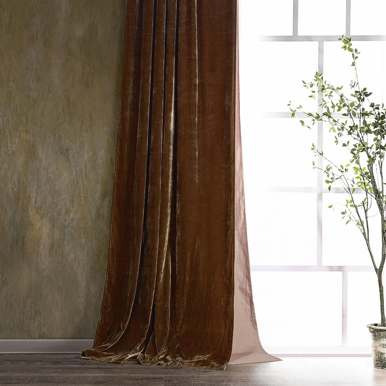 Stella Copper Brown Silk Velvet Curtain Panel - 840118806480