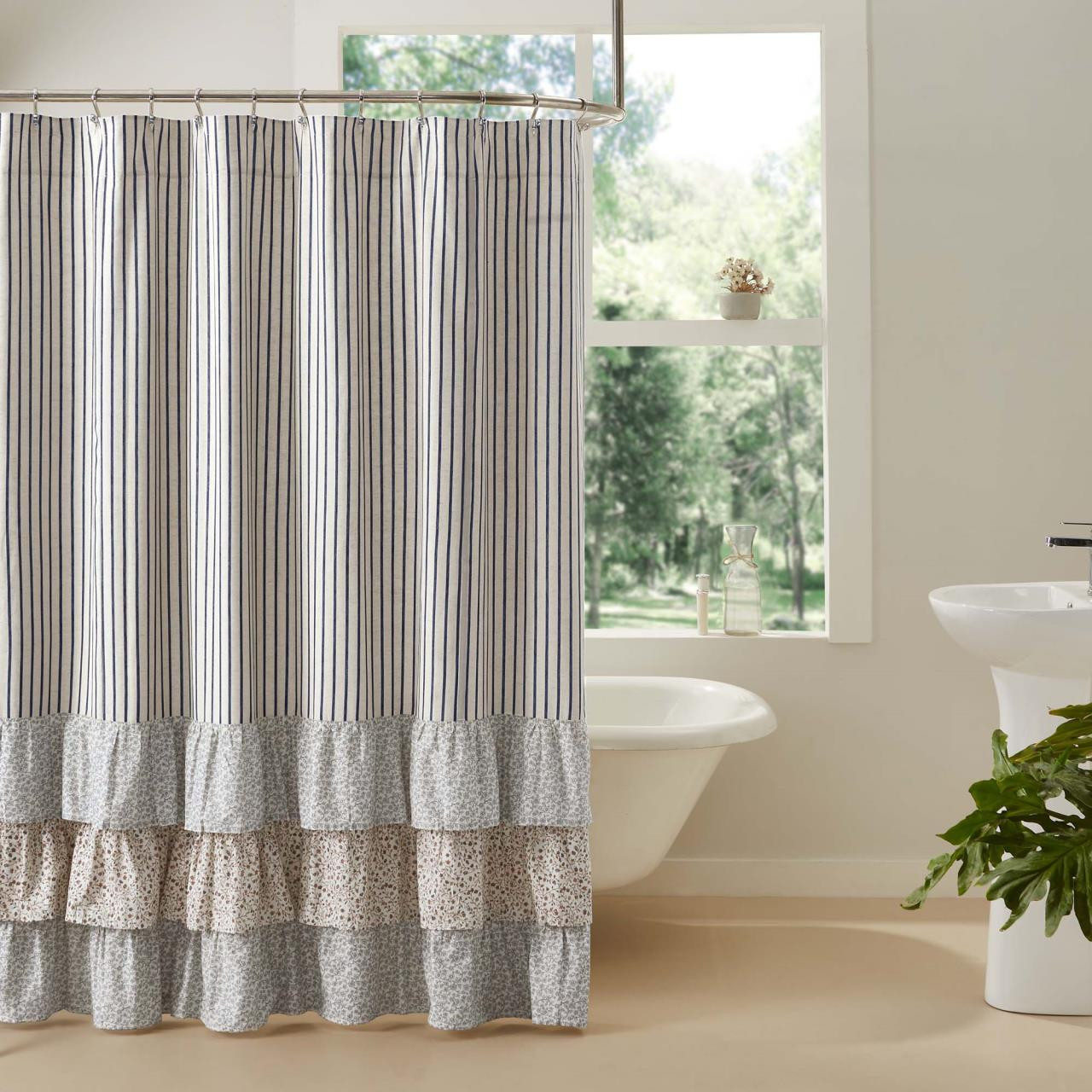 Kaila Floral Ticking Stripe Ruffled Shower Curtain - 810055894925