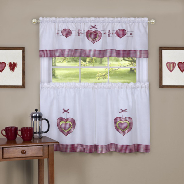 Gingham Hearts Embellished Tier and Valance Curtain Set - 054006246405