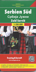 Southern Serbia at 1:200,000 on a large, detailed, double-sided road map from Freytag & Berndt, with its index booklet also providing street plans of central Belgrade, Kragujevac and Niš. Coverage extends from Belgrade in the north-western corner of the map, with a generous overlap between the sides. Names of towns and villages are in both Cyrillic and Latin alphabet. 

Topography is indicated by relief shading with spot heights, plus colouring for the forested areas; names of geographical features such as mountain ranges, etc, are mainly in the Latin alphabet only. The map shows the road network in much detail, including driving distances on many small local roads, steep gradients, roads with seasonal closures or restricted traffic, motorway services, etc. Railway lines are shown with stations and domestic airports are marked. Symbols indicate various places of interest, including campsites and youth hostels. The map has latitude and longitude lines at 10’ intervals. Multilingual map legend includes English. 

The index, in a separate booklet attached to the cover, has street plans of central Belgrade, Kragujevac and Niš. Street names are in the Latin alphabet only. 

The map also covers the northern part of Kosovo, including Pristina/Prishtina and Kosovska Mitrovica, with names of towns and villages in their Albanian and Serbian versions.