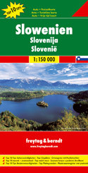 Slovenia at 1:200,000 from Freytag & Berndt, on a detailed, indexed road map presenting the whole country on one side of the map as an alternative to the publisher’s double-sided version at 1:150,000. Coverage includes the south-eastern corner of Austria with the Carinthian lakes around Klagenfurt and Villach. 

Topography is shown by relief shading, with spot heights and plenty of names of peaks, valleys, etc. National parks and protected areas are marked. Road network includes minor roads and cart tracks, and indicates driving distances on most local routes, roads closed to motorized traffic or not recommended for caravans, seasonal closures on mountain roads, steep gradients, toll sections, motorway services, etc. Special tourist routes and scenic roads are highlighted. Railway lines are shown with stations and local airports are marked. 

Picturesque towns and villages are highlighted. Symbols mark other places of interest and facilities, including campsites and youth hostels, golf course, museums, etc. The map also highlights the course of long-distance hiking routes across the northern part of the country. Latitude and longitude lines are drawn at intervals of 10’. The index is in a separate booklet attached to the map cover. 

*Map legend include English.* 

The same cartography, enlarged to 1:150,000 for clearer presentation, is also used in F&B’s “Top 10 Tips” double-side map of Slovenia, with additional tourist information and street plans.