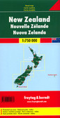 The map shows North and South Islands separately, presenting an overview of the roads network including selected smaller country roads. Recommended tourist routes are prominently highlighted. Large icons indicate campsites, recreational areas including surfing and diving sites, museums, etc. Latitude and longitude lines are marked at 1º intervals. Multilingual map legend includes English. 