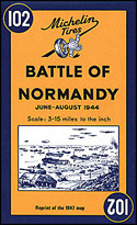 A reprint of Michelin’s historic 1947 map of Normandy, showing the D-Day Landing sites, the subsequent troop movements, and the battle progressions that established an Allied foothold in the region. Coverage extends beyond the five landing beaches (Utah, Omaha, Gold, Juno and Sword): along the coast from Le Harve and the Seine estuary to the western side of the Cotentin Peninsula and Mont-St-Michel, and inland to include the Falaise – Mortain pocket. 

Published two years after the end of the Second World War, the map shows the landing beaches, parachute drop points, early memorial sites, relics of battle such as gun emplacements, areas of significant damage, etc. These details are overlaid on the standard Michelin road map of the day, designed for touring. 

An inset illustrates troop movements across the region and the line of attack by various Allied units. Accompanying text provides a brief description of the progress of the battle of Normandy, plus an index of historic names and places of interest highlighted on the map. Map legend and all the text are in English and French.