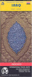 Iraq and Baghdad at 1:1,200,000 and 1: 25,000 respectively, on a double-sided, indexed road map from ITMB including insets of Baghdad Environs and Mesopotamia. 

The map displays Iraq on one side and Baghdad on the other, each featuring a separate index. Road networks shown include motorways and highways, main and secondary roads as well as minor roads. Railways, international and local airports are also located. Topography is represented by altitude colouring and graphics indicate deserts, swamps, rivers, lakes, etc. Symbols mark locations of various places of interest including historic ruins, monuments, Unesco World Heritage Sites, mosques, castles and churches, oil fields etc. Provincial, international boundaries and border crossing are marked. 

The street plan of Baghdad extends in the north to the Tigris River at the height of the Kadhimya and the Iraqi Department Store to the Jazair and Dora districts in the south, in the east it reaches New Baghdad and Khansa district and in the west the Andalus and Huriya districts including the Ancient Round City. Clearly shown are the expressways, primary, secondary and minor roads. Streets are shown but only the main ones are named. Railway lines are marked and the main stations named. Colouring distinguishes the Old City, built-up and development areas, parks, public buildings and military complexes. Information for the visitor includes parking, gas stations and bus terminals, palaces and mosques, museums and monuments, tourist information points, embassies, banks, hotels and restaurants and shopping centres, etc. 

A separate enlargement represents Baghdad’s environs at 1:850,000 stretching to Kirkuk in the north and Razzazah Lake in the south, Ar-Ramadi in the west and the Iran border in the east. In this inset, additional details like road numbers and intermediate distances on major roads supplement the information provided for the main country map as described above. Topography is enhanced with contour heights in metres and spots elevation. Further geographical features include irrigation canals, swamps, seasonal rivers and salt hollows, oil, gas and water pipelines and oil wells and many places of interest. Latitude and longitude lines are drawn at intervals of 1º. 
One small inset shows a reference map of Mesopotamia at 1:4,000,000, its regions and the major cities. 

The map is annotated with historical and tourist information of places of interest and is indexed, all place names are shown transliterated only. The main country map does not have geographical coordinates.