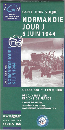 Commemorative map from the IGN for the 70th anniversary of the D-Day landings in Normandy on 6th June 1944, presenting in three large panels various grouping of the Allied Armies and the defending German forces, the changes in the front lines between 6th June and 18th August, and present day commemorative sites and monuments, plus additional bilingual notes. 

The main panel at 1:100,000 shows the five beaches: Utah, Omaha, Gold, Juno and Sword together with the command structure and the disposition of the Allied Forces, from General Eisenhower to individual units including the supporting airborne divisions, and the defending German forces, plus indicates beach heads and the front line 24 hours later. 

A smaller panel at 1:500,000 shows the whole of the Cotintin Peninsula indicating changes in the front line between D-Day and 18th August 1944. Another large panel at 1:250,000 shows north-western Normandy, including Caen and Bayeux, indicating museums, war memorials, military cemeteries and other WWII related information including a suggested tour of the five beaches. Also provided is a map showing the disposition of the armies on both sides of the Channel prior to D-Day, General Eisenhower’s proclamation to the Allied Expeditionary Force, and notes on the Operation Overlord. Map legend and additional text include English. 

PLEASE NOTE: this title is also available as a wall map with the map legend which includes English but with the additional text, apart from General Eisenhower’s proclamation, in French only.