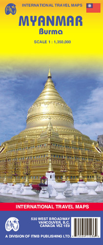 Indexed map of Burma at 1:1,350,000 from ITMB with large, clear street plans of central Yangon (Rangoon) and Mandalay, plus an enlargement of the Bagan area. The map is double-sided, dividing the county north-south with an overlap between the sides; each side is provided with a separate index of localities. 

Altitude colouring presents the topography, with spot heights given in feet. The map shows the country’s road and rail networks, as well as locations of local airports. National parks and various places of interest are highlighted. Also shown are local administrative boundaries with names of the provinces. Latitude and longitude grid is at intervals of 1º. 

The map includes street plans of Yangon (Rangoon) and Mandalay, annotated with symbols showing accommodation and other tourist facilities, temples and places of interest, etc. Also included is an enlargement at 1:40,000 of the Bagan area, highlighting its numerous temples and pagodas.