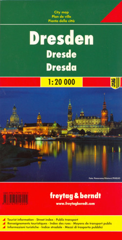 Indexed street map of Dresden at 1:20,000 from Freytag & Berndt with an enlargement of the Old Town at 1:8,000, as well as map of the environs of Dresden. Mapping is bright, colourful and clear, with one-way streets shown, as well as the S-bahn, bus, tram, cable-car and Elbe ferry networks with stops clearly indicated.

Points of interest such as museums of the Dresden State Art Collections, the the Saxon State Opera, theatres and parks are marked, as are local facilities. The enlargement of the Old Town shares the same mapping but with more clarity, and is indexed along with the main map on the reverse. A map of the city’s environs shows the major road network leading into Dresden.

A diagram of Dresden's VGN Network (S-bahn, bus, tram, cable-car and Elbe ferry) included.

Map legend includes English.