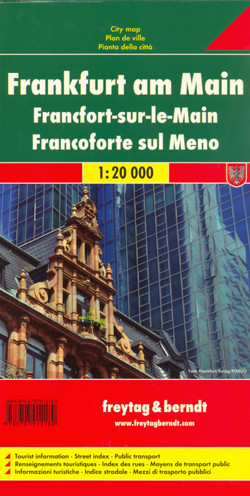 Indexed street map of Frankfurt am Main at 1:20,000 from Freytag & Berndt with an enlargement of the Sachsenhausen area at 1:10,000. Mapping is bright, colourful and clear, with one-way streets shown, as well as the U-bahn, S-bahn, bus and tram networks with stops clearly indicated.

Points of interest such as St. Bartholomeus’ Cathedral, the Frankfurt stock exchange, theatres and parks are marked, as are local facilities. The enlargement of the area around Sachsenhausen shares the same mapping but with more clarity, and is indexed along with the main map on the reverse.

A diagram of Frankfurt's VGF Network (U-bahn, S-bahn, bus and tram) included.

Map legend includes English.