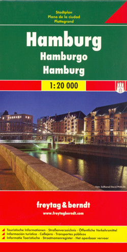 Indexed street map of Hamburg at 1:20,000 from Freytag & Berndt with an enlargement of the New Town at 1:10,000. Mapping is bright, colourful and clear, with one-way streets shown, as well as the U-bahn, S-bahn, bus and rail networks with stops clearly indicated. Shipping routes are also displayed.

Points of interest such as the city’s docks, museums, theatres and parks are marked, as are local facilities. The enlargement of the New Town shares the same mapping but with more clarity, and is indexed along with the main map on the reverse.

A diagram of Hamburg's HVV Network (U-bahn, S-bahn, bus and train) included. Map legend includes English.