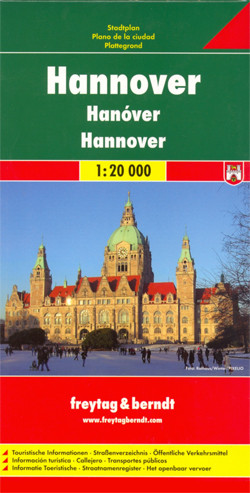 Indexed street map of Hanover at 1:20,000 from Freytag & Berndt with an enlargement of central Hanover at 1:10,000. Mapping is bright, colourful and clear, with one-way streets shown, as well as the S-bahn, bus and tram networks with stops clearly indicated.

Points of interest such as Hanover’s 40 theatres, the Historic Museum, and parks are marked, as are local facilities. The enlargement of central Hanover shares the same mapping but with more clarity, and is indexed along with the main map on the reverse.

A diagram of Hanover's GVH Network (S-bahn, bus and tram) included.

Map legend includes English.