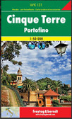 Cinque Terre on a GPS compatible hiking map from Freytag & Berndt, with long-distance routes and local waymarked paths, cycling routes, campsites, places of interest, etc. The maps includes the Portofino peninsula, as shown on the area coverage image.

The base map has contours at 50m intervals, supplemented by relief shading. National parks and protected areas are clearly marked. An overprint highlights local hiking routes, indicating their numbers and waymarking. Also shown are local sections of long-distance routes and special circuits: Alta Via del Monti Liguri, Alta Via del Golfo, Alta Via delle Cinque Terre, Sentiero Verdeazurro and Trekking Lunigiana.

The map also shows local bridleways and mountain bike routes. A wide range of symbols indicate various facilities and places of interest, including campsites, sport and recreational sites, museums and interesting churches, etc. Railway stations are clearly marked, as are coastal ferry connections.

The map has a 2-km UTM grid. Map legend includes English. A separate multilingual booklet has 11 pages of text in English with a general introduction to the area, plus descriptions of main interesting locations and a selection of hiking recommendations.