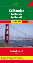 California at 1:600,000 on a large, double-sided road map from Freytag & Berndt with a booklet attached to the map cover containing an index and street plans of downtown Los Angeles and San Francisco plus The Strip area of Las Vegas. 

The map divides California north/south with a generous overlap between the sides. Coverage extends eastwards to include Las Vegas with Lake Mead and the Hoover Dam. Bold relief shading with plenty of names of mountain ranges, etc, plus colouring for national/state parks and other protected areas. Outside the major conurbations road network is well presented, with road and junction numbers easy to read and driving distances marked on most small local routes. Unfortunately, in the San Francisco Bay area and particularly in the Los Angeles conurbation the map shows so many place names that road network is very difficult to follow. Icons highlight various places of interest, including numerous campsites. The map has latitude and longitude lines at intervals of 20’. Multilingual map legend included English. The index is in a separate booklet attached to the map cover; the booklet also provides street plans of central Los Angeles, San Francisco and Las Vegas.