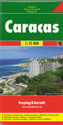 Caracas on a large indexed street plan at 1:12,000 from Freytag & Berndt covering the city with its outer districts and showing metro stations, various places of interest and facilities, etc. Coverage extends north to El Avila National Park and south to the La Rinconada race track, Baruta, Canta Rana and Alto Hatillo. West/east the plan extends from Perez Bonalde, Vista Alegre and La Vega districts to beyond the city’s Gen. Francisco de Miranda Airport to Le Marques California Norte, California Sur and Vista Linda districts.

Principal traffic arteries are highlighted and exits onto the motorway are clearly drawn. The plan shows metro lines with stations and highlights various public buildings and facilities, including locations of several hotels. Street index is on the reverse. Multilingual map legend includes English.