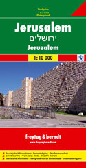 Large, general street plan of the city with a clear enlargement of the Old City at 1:4,500. The main plan extends west to beyond the Jerusalem Forest and east to Mount of Olives. Coverage north/south is from Ramat Polin and Beit Khanina to Gilo. Public buildings a highlighted and symbols mark places of worships, monuments, etc. A large inset provides more detailed coverage of the Old City, indicating various places of worship and historical monuments, car parks, etc. All place names are in Roman alphabet only. Multilingual map legend included English and Hebrew.